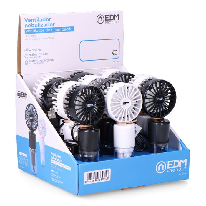 EDM Ventilador Nebulizador Recargable con USB-C, 4 Velocidades, 9.5h Autonomía, Depósito 20ml - Refresca y Humidifica - Colores Surtidos