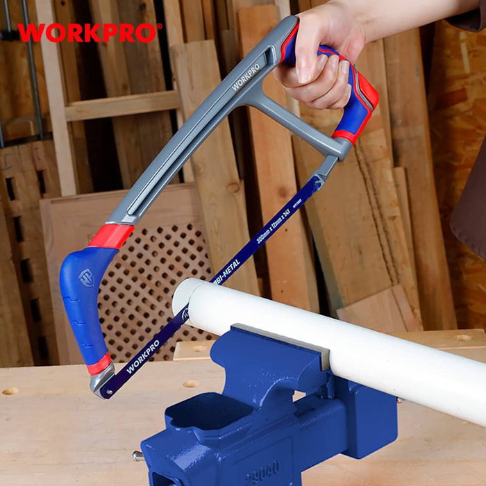 WORKPRO Sierra de Arco para Metales 300x12 mm 24 TPI, Marco Tubular de Aluminio, Mango Ergronómico de Goma, Tensión Ajustable