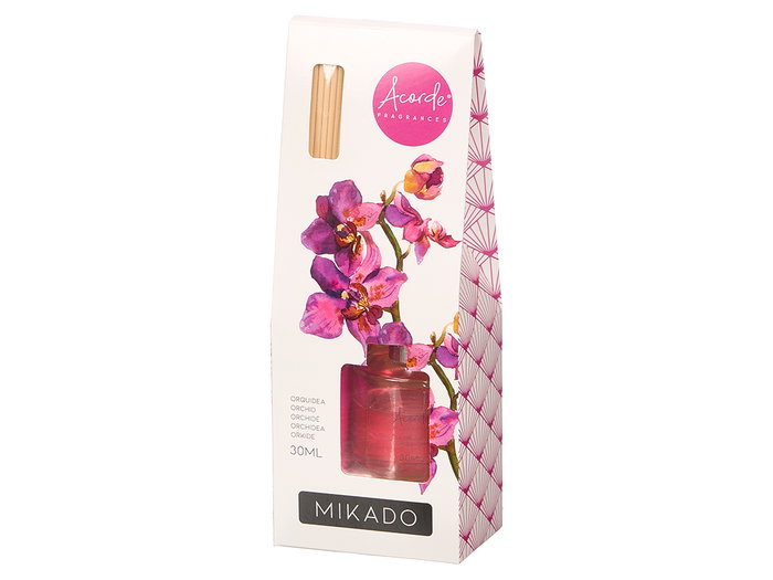 Acorde Mikado Orquídea 30 ml Difusor Aromático con Varillas 7.5 x 20 x 5 cm Vidrio Madera Fragancia Blanco (Set de 24)