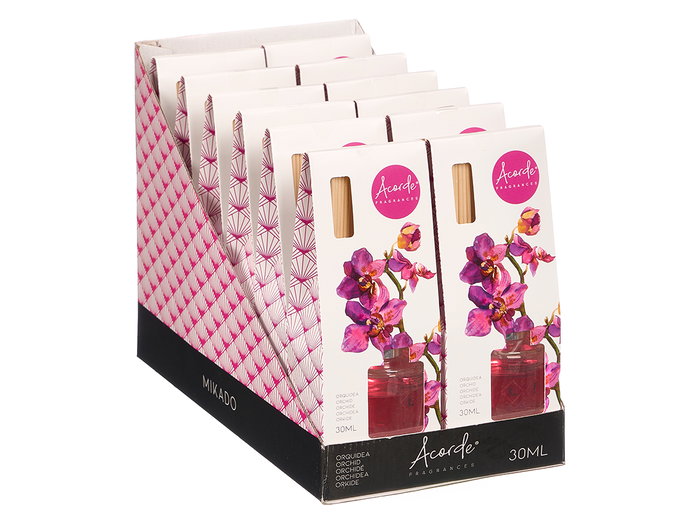 Acorde Mikado Orquídea 30 ml Difusor Aromático con Varillas 7.5 x 20 x 5 cm Vidrio Madera Fragancia Blanco (Set de 24)