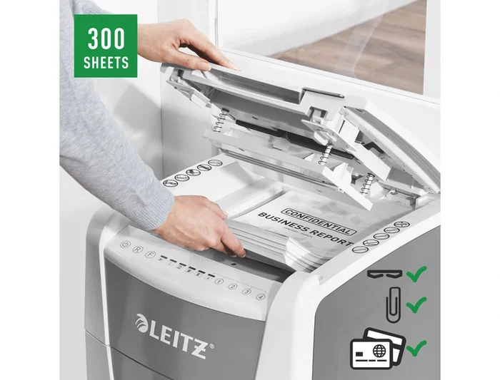 Leitz IQ Auto+ Office 300 P5 Destructora de Papel Automática para Oficina, 300 Hojas, Nivel de Seguridad P5, Blanca Leitz IQ Auto+ Office 300 P5 Destructora de Papel Automática para Oficina, 300 Hojas, Nivel de Seguridad P5, Blanca