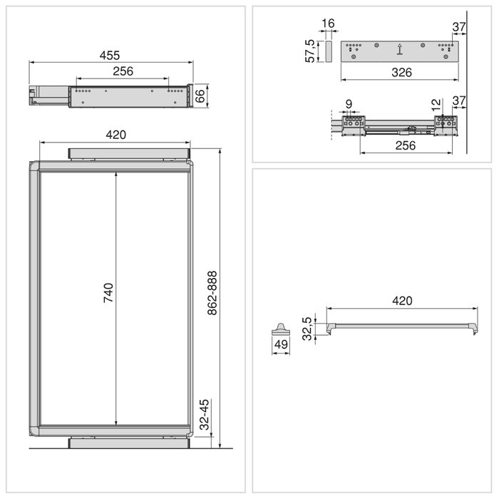 Emuca Kit de pantalonero de 7 varillas y bastidor regulable Quartz para armarios, guías de cierre suave y extracción total, Módulo 90cm, Acabado Titanio