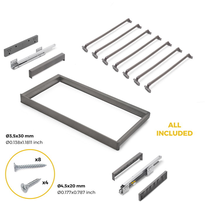 Emuca Kit de pantalonero de 7 varillas y bastidor regulable Quartz para armarios, guías de cierre suave y extracción total, Módulo 90cm, Acabado Titanio