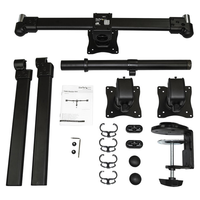StarTech.com Brazo para 3 Monitores de Escritorio - Soporte VESA Ergonómico, Ajuste de Altura, para 3 Monitores hasta 24" (61 cm), Capacidad 24 kg, Montaje por Abrazadera, Negro