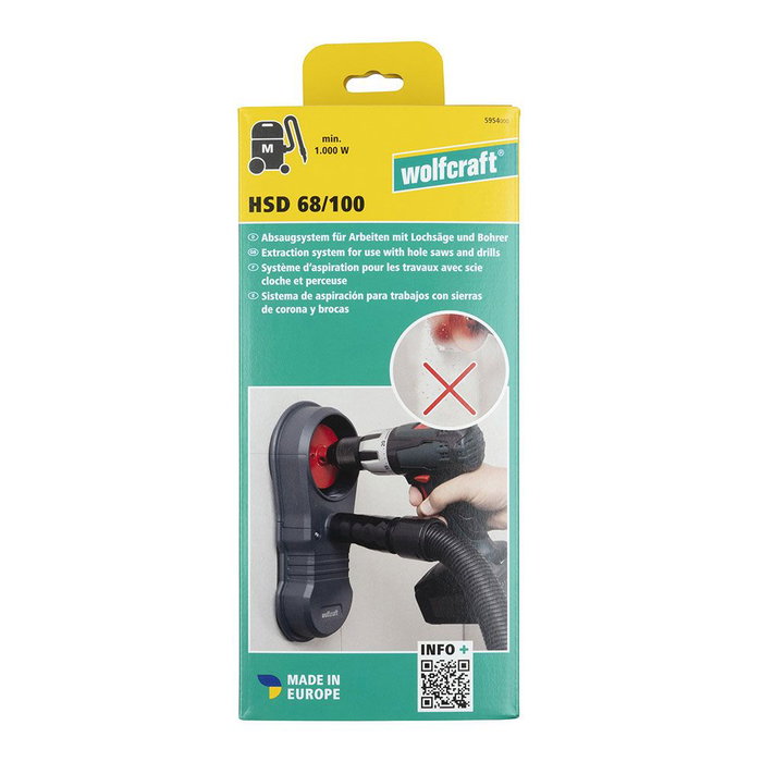 Wolfcraft Sistema de aspiración HSD 68/100 para trabajos sin polvo con sierras de corona y brocas