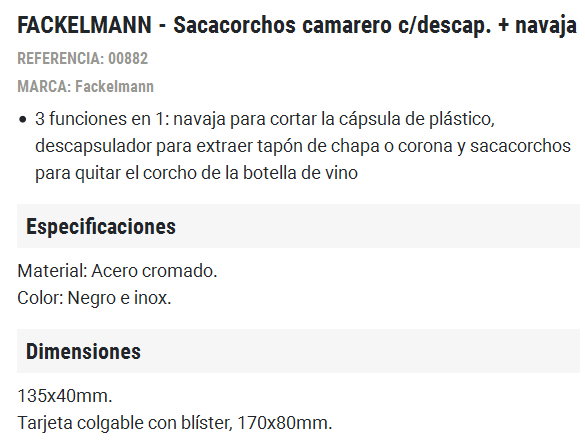 Fackelmann Sacacorchos Camarero con Descapador y Navaja FM=00882