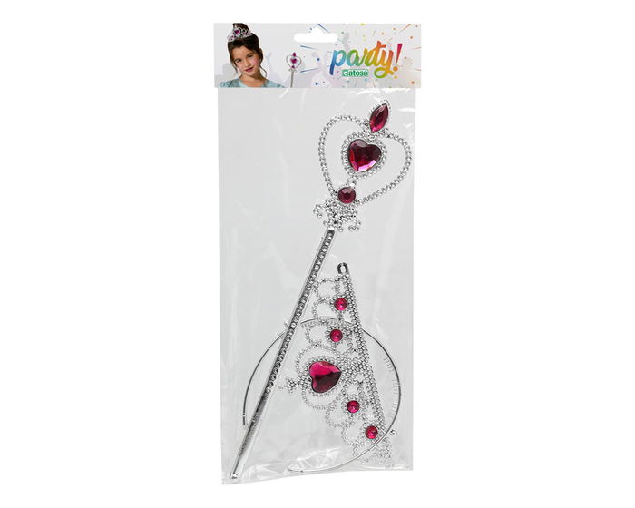 Tiara Plateada Con Corazones Y Varita Fucsia Para Princesa Infantil