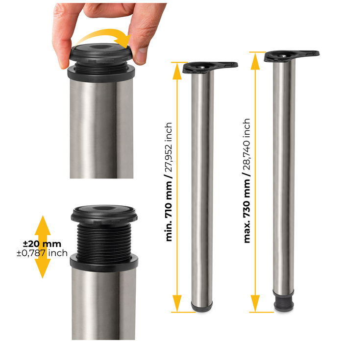 Emuca Lote de 4 patas para mesa, diámetro 60mm, H 710mm, Acero, Níquel satinado