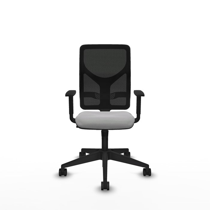 Silla de oficina Motilla con mecanismo Sincro tapizada con Tela color Gris claro y malla color negra. Equipada con lumbar 1D, Brazos 1D y Ruedas 65mm nailon