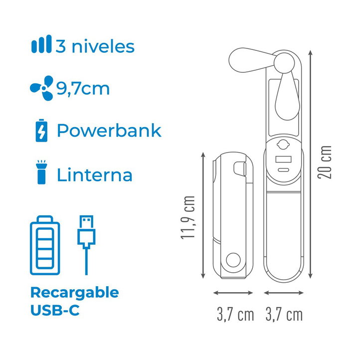 EDM Ventilador de Mano Plegable con Linterna, Powerbank, Soporte para Smartphone, Cargable USB-C, 3 Velocidades, Color Surtido