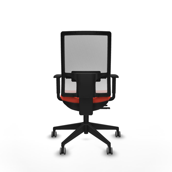 Silla de oficina Horna con mecanismo Sincro/Traslack tapizada con Tela color Naranja oscuro y malla color Blanco. Equipada con lumbar 1D, Brazos 1D y Ruedas 65 mm parqué