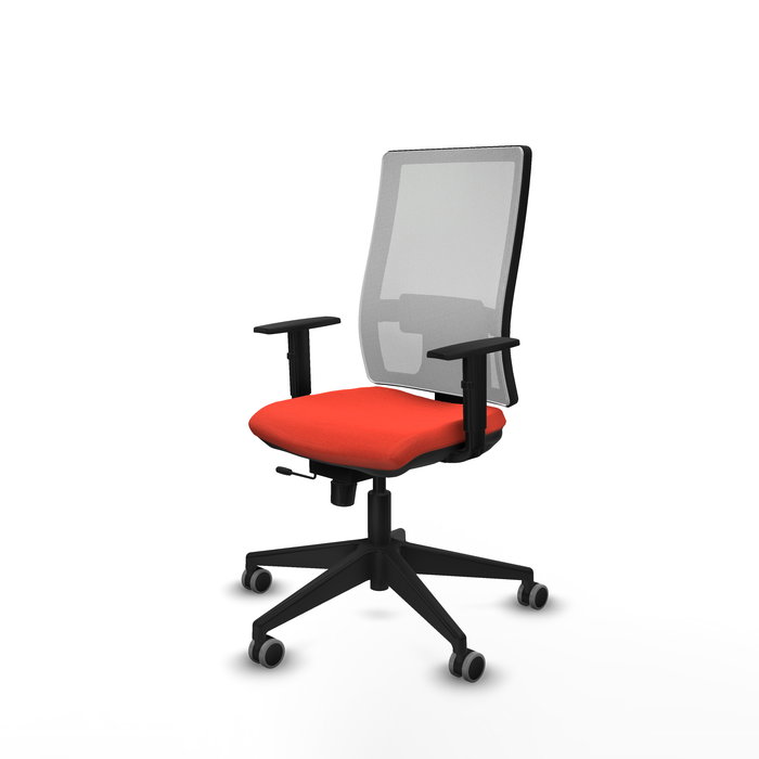 Silla de oficina Horna con mecanismo Sincro/Traslack tapizada con Tela color Naranja oscuro y malla color Blanco. Equipada con lumbar 1D, Brazos 1D y Ruedas 65 mm parqué