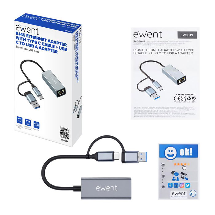 EWENT EW9819 Hub Adaptador RJ45 con Cable Tipo-C y Adaptador USB-C/USB-A Cable 15cm