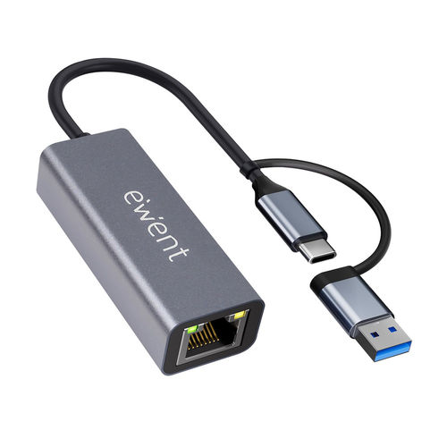 EWENT Adaptador Ethernet RJ45 EW9819 con USB-C y USB-A, Gris oscuro