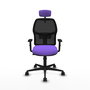 Silla de oficina Alfera con mecanismo Sincro tapizada con Tela color Lila y malla color Negro. Equipada con lumbar 1D, Brazos 1D, Cabecero 2D y Ruedas 65mm nailon