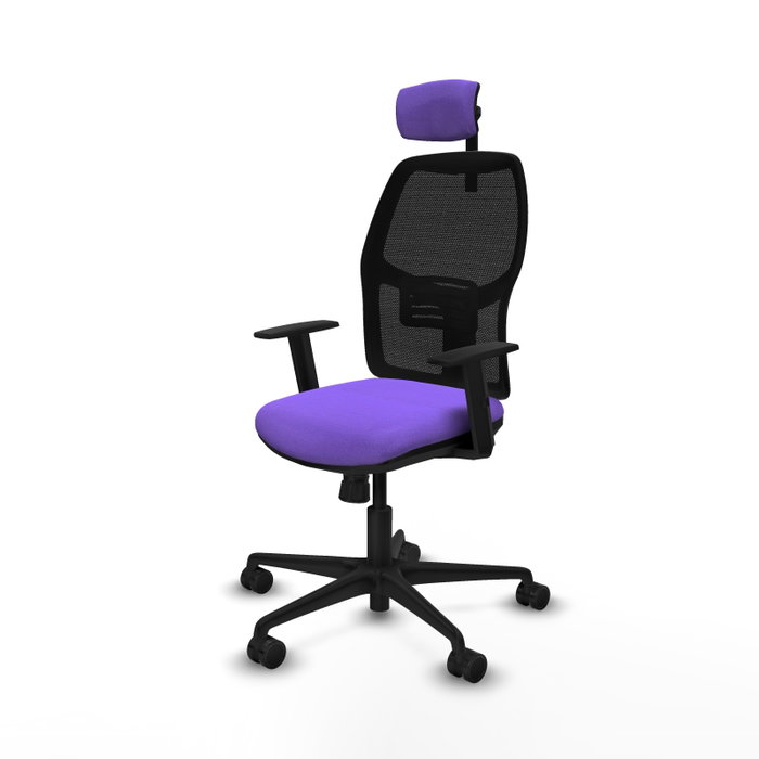 Silla de oficina Alfera con mecanismo Sincro tapizada con Tela color Lila y malla color Negro. Equipada con lumbar 1D, Brazos 1D, Cabecero 2D y Ruedas 65mm nailon Silla de oficina Alfera con mecanismo Sincro tapizada con Tela color Lila y malla color Negro. Equipada con lumbar 1D, Brazos 1D, Cabecero 2D y Ruedas 65mm nailon