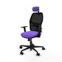 Silla de oficina Alfera con mecanismo Sincro tapizada con Tela color Lila y malla color Negro. Equipada con lumbar 1D, Brazos 1D, Cabecero 2D y Ruedas 65mm nailon