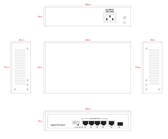 Ernitec Switch PoE no gestionado de 6 puertos 1Gbit, 4x 10/100/1000Mbps, 1x1Gbit RJ45 + 1x1Gbit SFP, PoE 60W