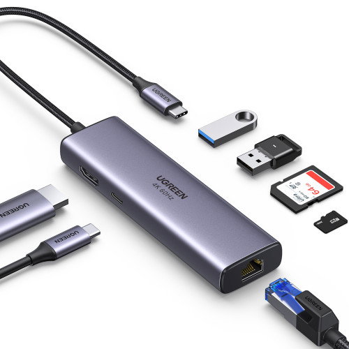 UGREEN UG60515 Base para Portátil y Replicador de Puertos USB-C, HDMI 4K 60Hz, USB 3.0, Ethernet Gigabit, Power Delivery 100W Gris