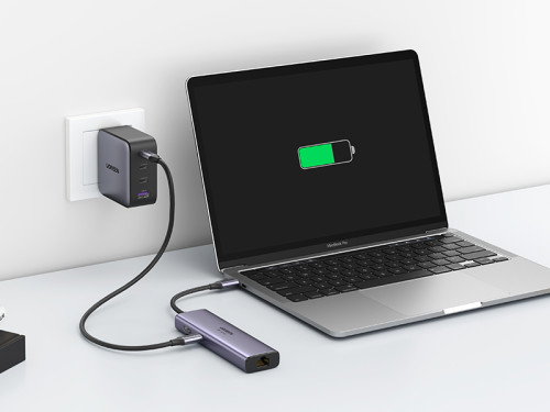 UGREEN UG60515 Base para Portátil y Replicador de Puertos USB-C, HDMI 4K 60Hz, USB 3.0, Ethernet Gigabit, Power Delivery 100W Gris