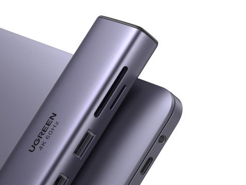 UGREEN UG60515 Base para Portátil y Replicador de Puertos USB-C, HDMI 4K 60Hz, USB 3.0, Ethernet Gigabit, Power Delivery 100W Gris