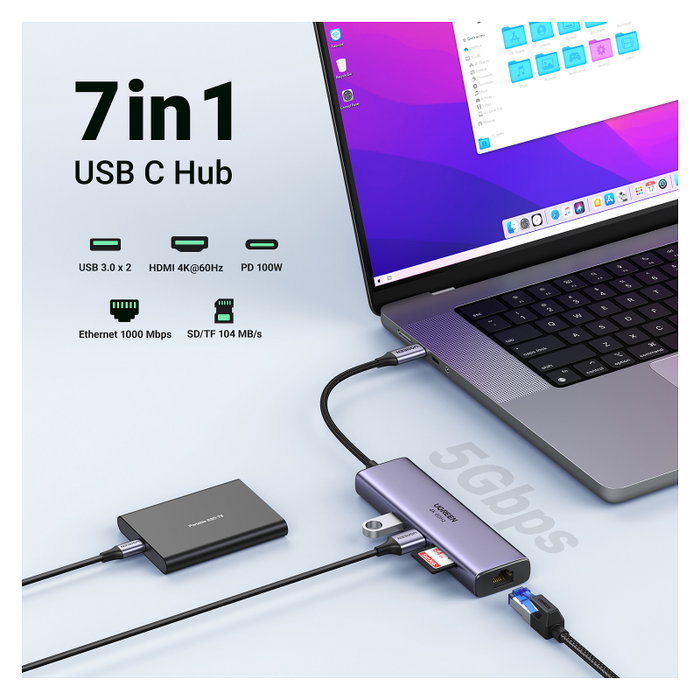 UGREEN Adaptador Multiport 7 en 1 60515 HDMI 4K 60Hz, USB 3.2, Ethernet y PD 100W Gris