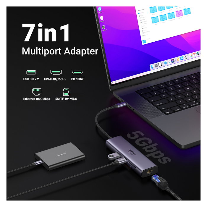 UGREEN Adaptador Multiport 7 en 1 60515 HDMI 4K 60Hz, USB 3.2, Ethernet y PD 100W Gris