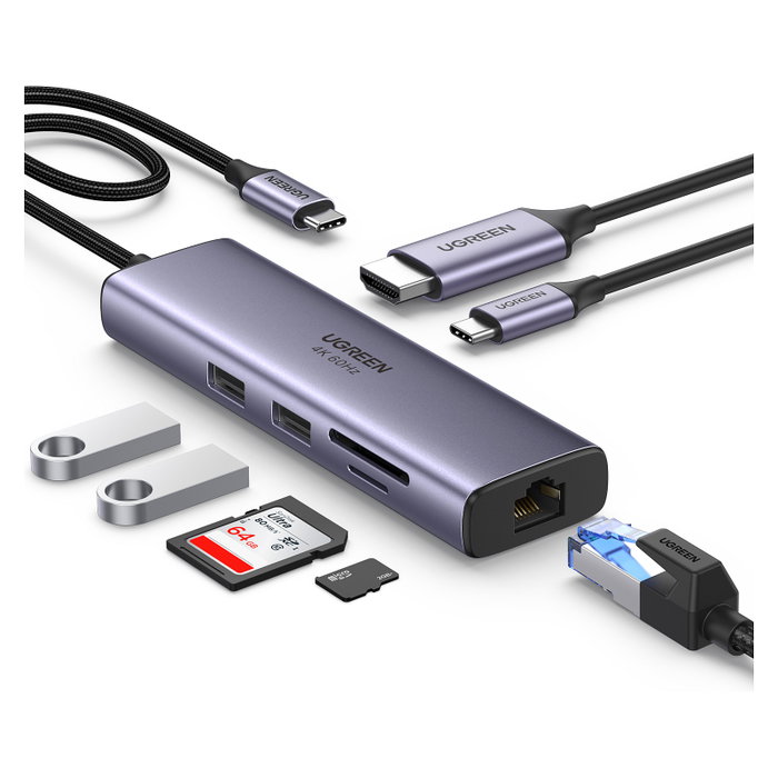 UGREEN Adaptador Multiport 7 en 1 60515 HDMI 4K 60Hz, USB 3.2, Ethernet y PD 100W Gris