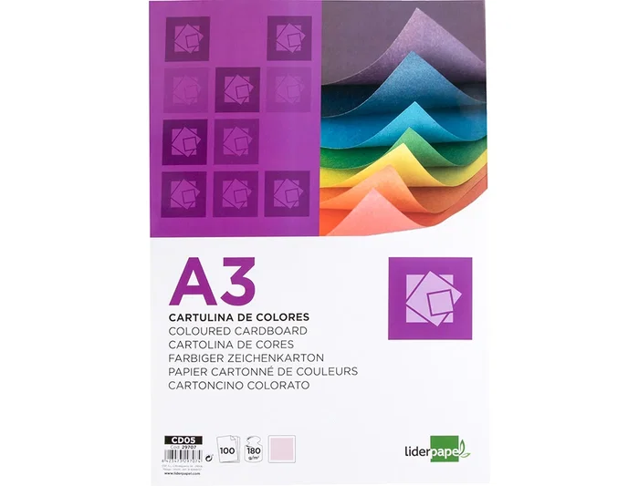 Liderpapel Cartulina A3 180g/m2 Rosa Paquete de 100 Hojas Escolar