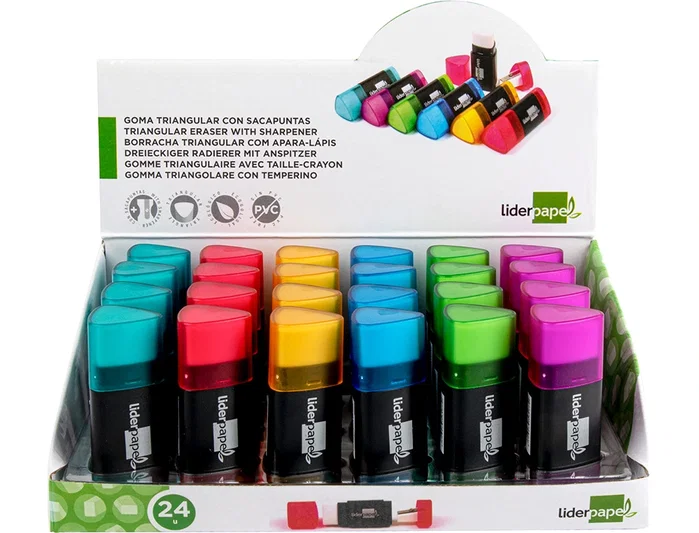 Liderpapel Goma de borrar triangular con sacapuntas, colores surtidos