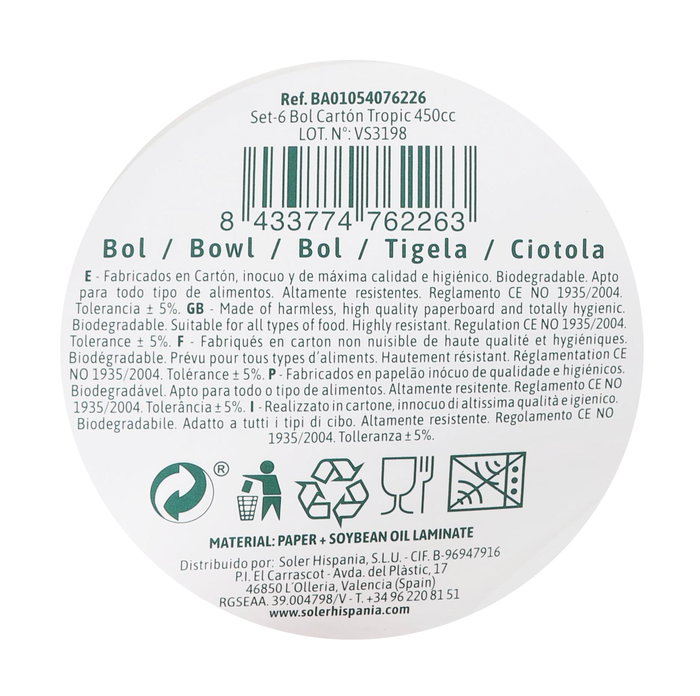 Algon Set 6 Bol Carton Tropic 450cc (18x4cm) (24 Unidades) Algon Set 6 Bol Carton Tropic 450cc (18x4cm) (24 Unidades)