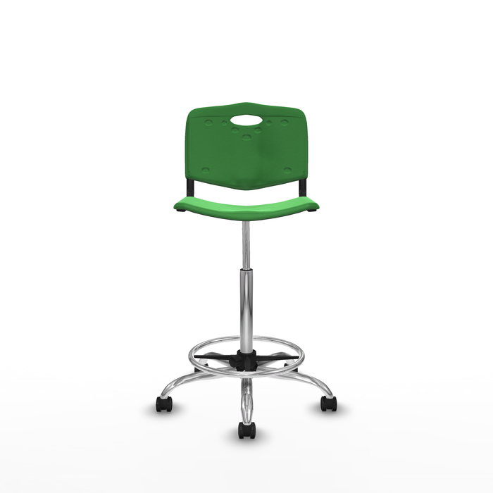 Taburete Robledo con mecanismo Giratorio de PVC color Verde. Equipado con Base cromada, Sin brazos y Ruedas autofrenantes