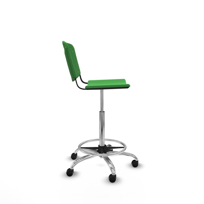 Taburete Robledo con mecanismo Giratorio de PVC color Verde. Equipado con Base cromada, Sin brazos y Ruedas autofrenantes