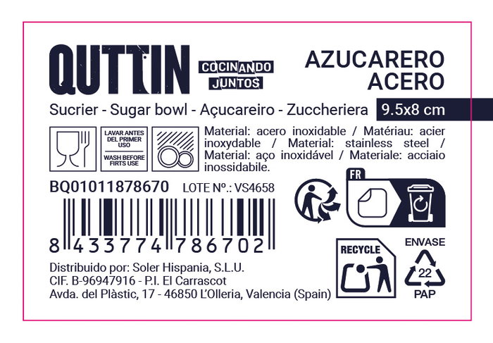 Quttin Azucarero Acero Inoxidable 9.5 x 8 cm (12 Unidades)