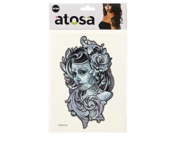 Tatuaje Temporal Mujer Calavera con Flores - Diseño Artístico para Día de los Muertos, Halloween o Teatro - Aplicación Fácil y Realista