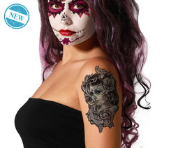 Tatuaje Temporal Mujer Calavera con Flores - Diseño Artístico para Día de los Muertos, Halloween o Teatro - Aplicación Fácil y Realista