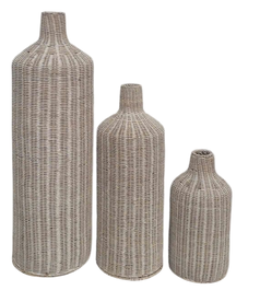 DKD Home Decor Jarrón Blanco Roto Ratán Metal 25 x 81 x 25 cm Set de 3