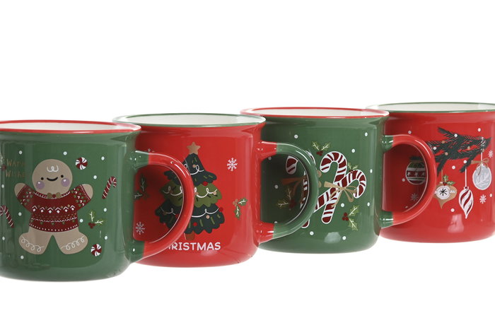 DKD Home Decor Set de 4 Tazas de Porcelana Navidad Tradicional Verde y Rojo, 365ml