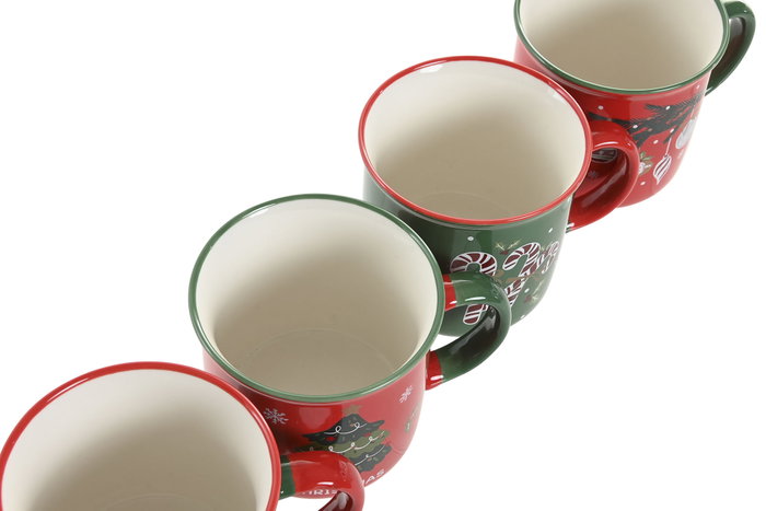 DKD Home Decor Set de 4 Tazas de Porcelana Navidad Tradicional Verde y Rojo, 365ml