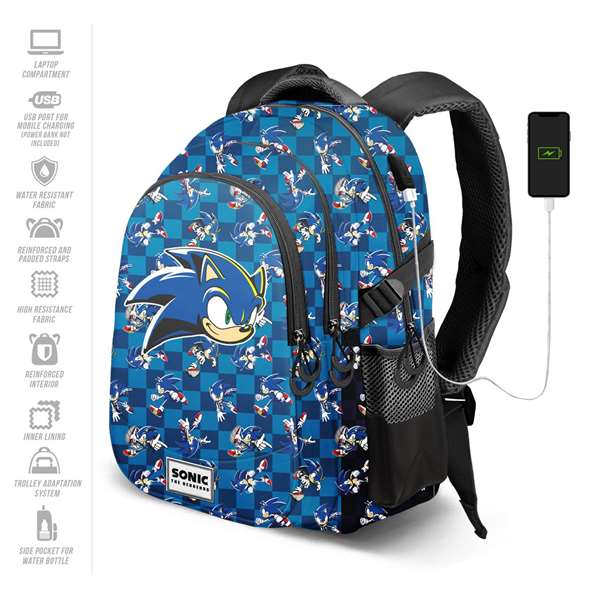 Karactermania Mochila Sonic Run. Plus FAN Action 44x34x21 cm, Gran Capacidad, 3 Compartimentos, Bolsillo USB, Ripstop, Azul