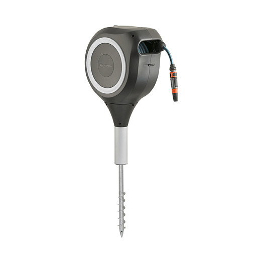 Gardena Garten-Schlauchbox RollUp M Automático para manguera de 20 m - Carrete de pie funcional multidireccional (0-360°), resistente a la intemperie, color negro y gris