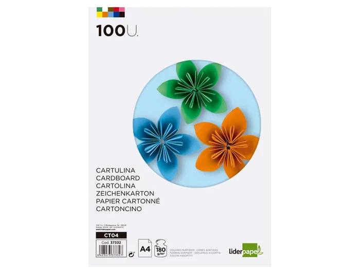 Liderpapel Cartulina A4 180g/m2 10 Colores Surtidos Paquete 100 Hojas