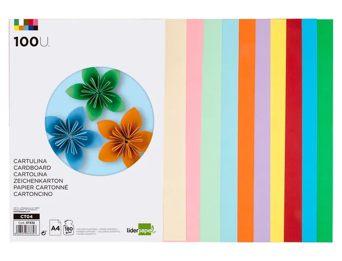 Liderpapel Cartulina A4 180g/m2 10 Colores Surtidos Paquete 100 Hojas
