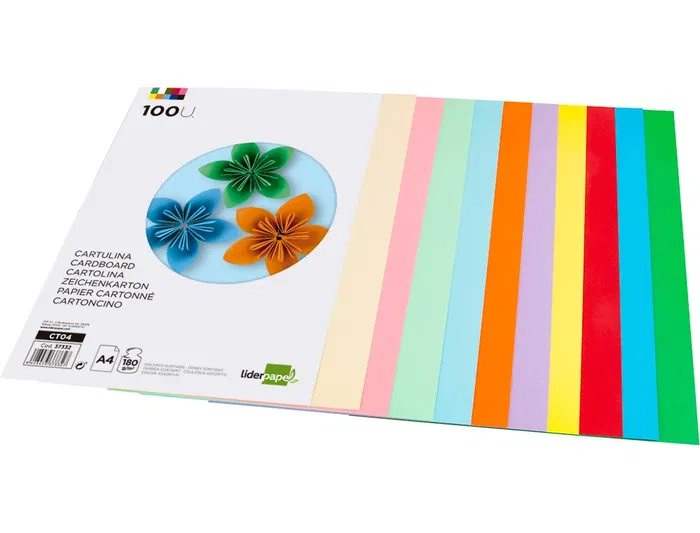 Liderpapel Cartulina A4 180g/m2 10 Colores Surtidos Paquete 100 Hojas