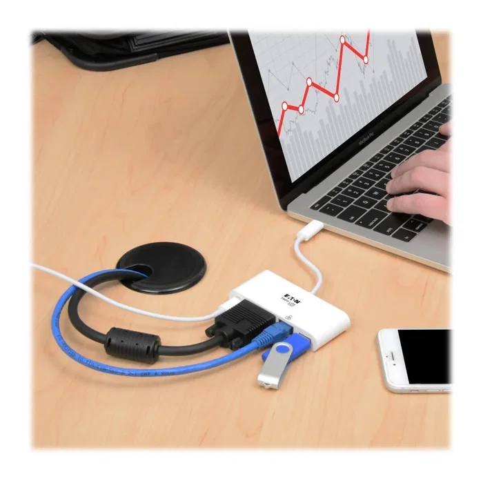 Eaton Tripp Lite U444-06N-VGU-C Adaptador USB-C a VGA con Puerto Ethernet Gigabit, USB-A 3.1 y Carga PD 60W - Resolución 1920x1080 1080p para Laptop, Tablet, MacBook