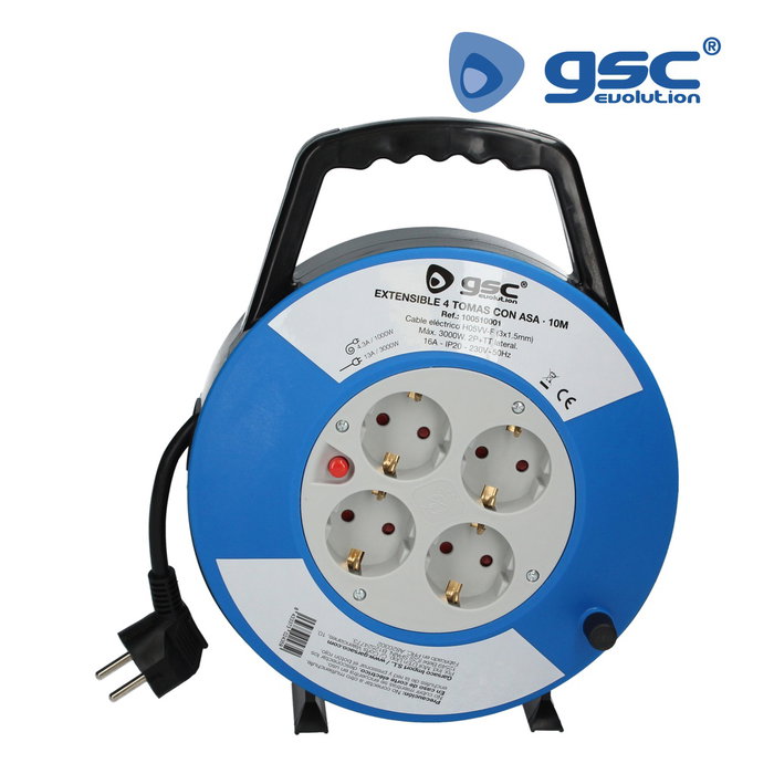 GSC Evolution Enrollacables Alargador con Asa 4 Enchufes 10M 3x1.5mm