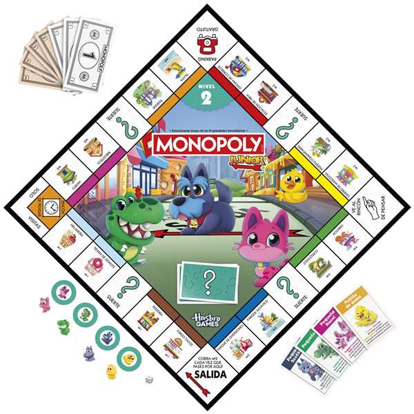 Hasbro Monopoly Junior 2 en 1 Juego de Mesa con Tablero de 2 Caras y 2 Niveles de Juego para Niños