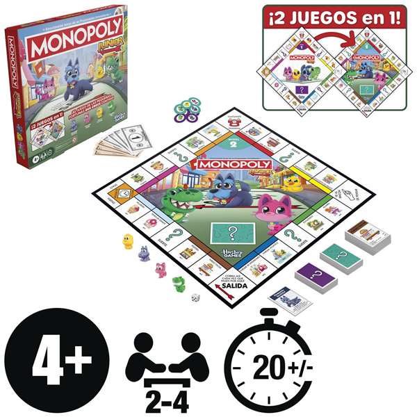 Hasbro Monopoly Junior 2 en 1 Juego de Mesa con Tablero de 2 Caras y 2 Niveles de Juego para Niños