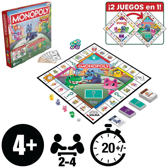 Monopoly Juego Monopoly Junior 2 En 1 G1856, Tablero Doble Cara Dos Niveles de Juego, Español, +4 Años