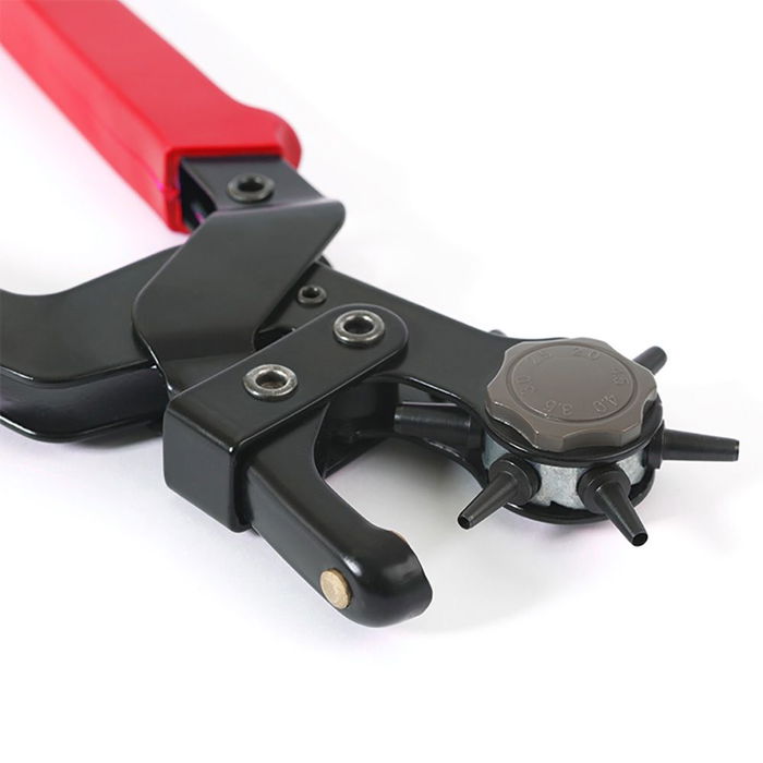 Workpro Tenazas Sacabocados Múltiple Alicate con 6 Tamaños de Punzón (2-4.5mm) para Cuero, Tela, Cartón, Plástico - Acero al Carbono, Rojo/Negro